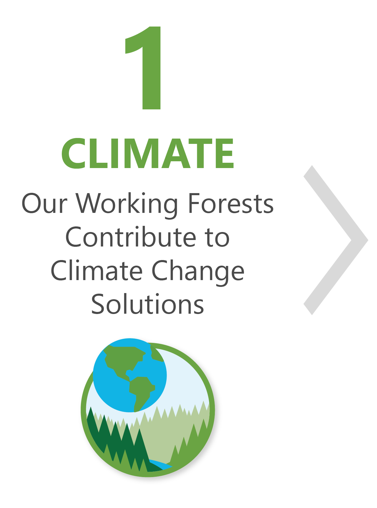 Icon and graphic for Our Working Forests Contribute to Climate Change Solutions, showing a globe overlaid over graphic of forests.